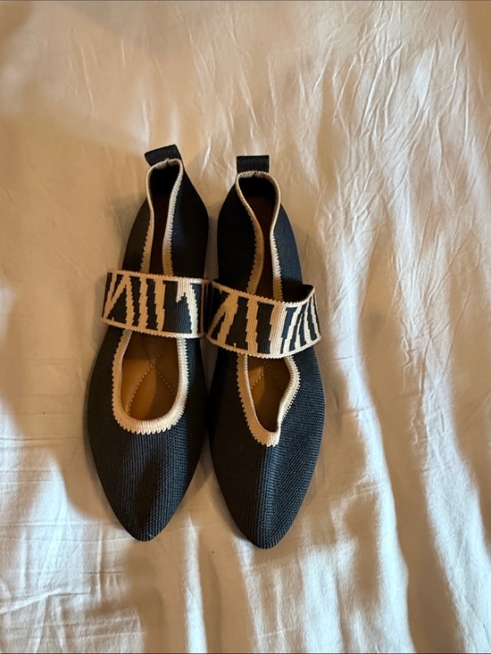 Shoes - Black Knit Pointed Mary Jane Flats with Cream-Trim Zebra Strap